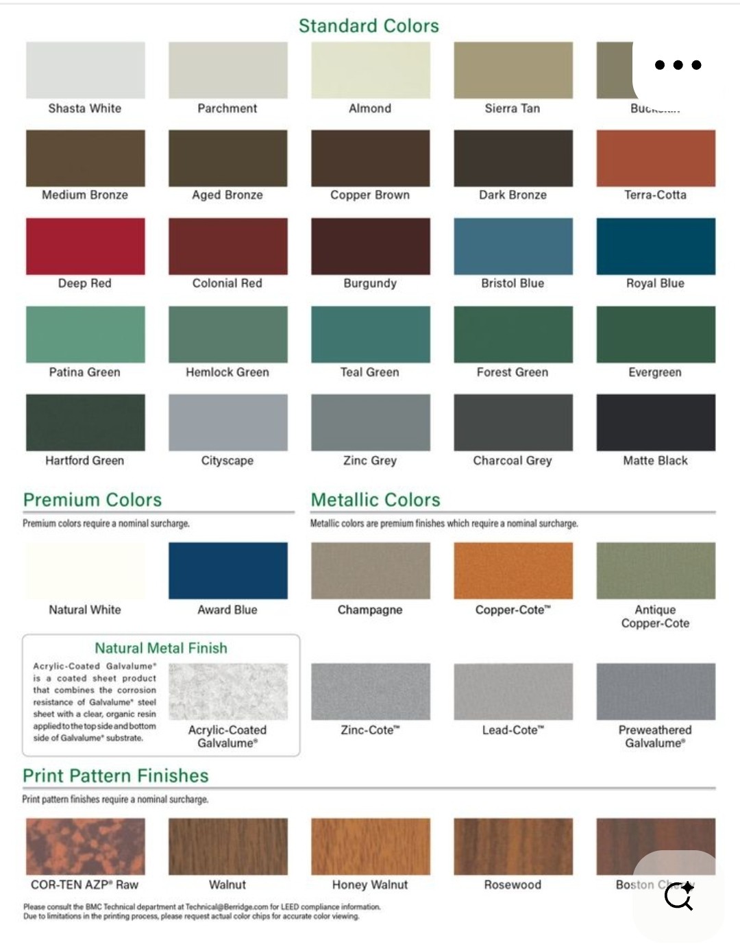 Berridge sheet metal color chart for Weatherford metal roofs